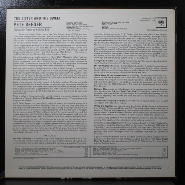 Pete Seeger - The Bitter & The Sweet VG+ Mono LP Columbia CL 1916 USA 1962 - Shuga Records