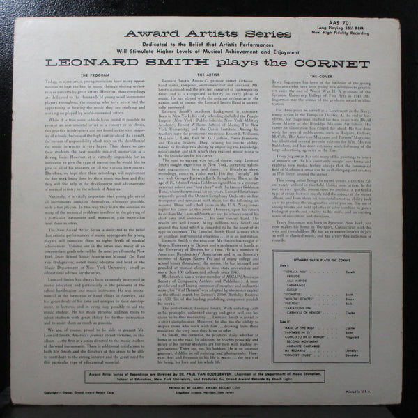 Leonard Smith Plays The Cornet VG+ LP Award Artist Series AAS 701 USA 1960 - Shuga Records
