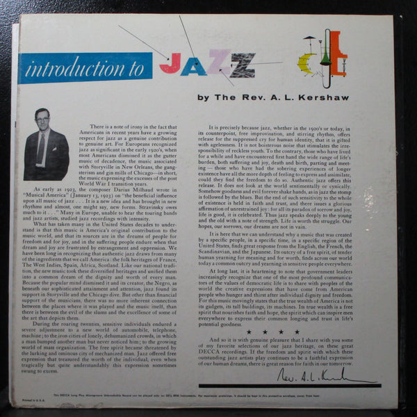 Rev. A.L. Kershaw - Introduction To Jazz VG+ Mono Promo LP Decca DL 8244 USA - Shuga Records