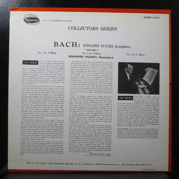 Valenti - Bach: English Suites, Volume 1 Mint- Mono LP Westminster W-9327 - Shuga Records