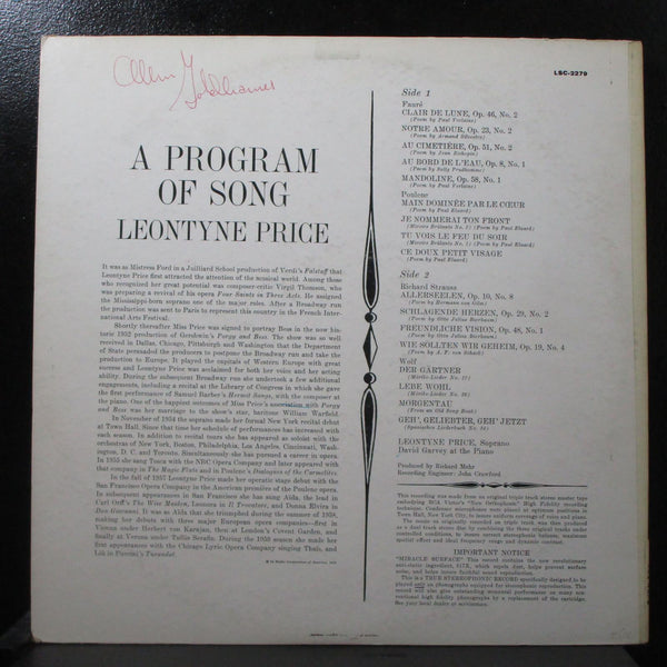 Leontyne Price - A Program Of Song VG+ Stereo LP RCA Victor LSC-2279 USA 1959 - Shuga Records