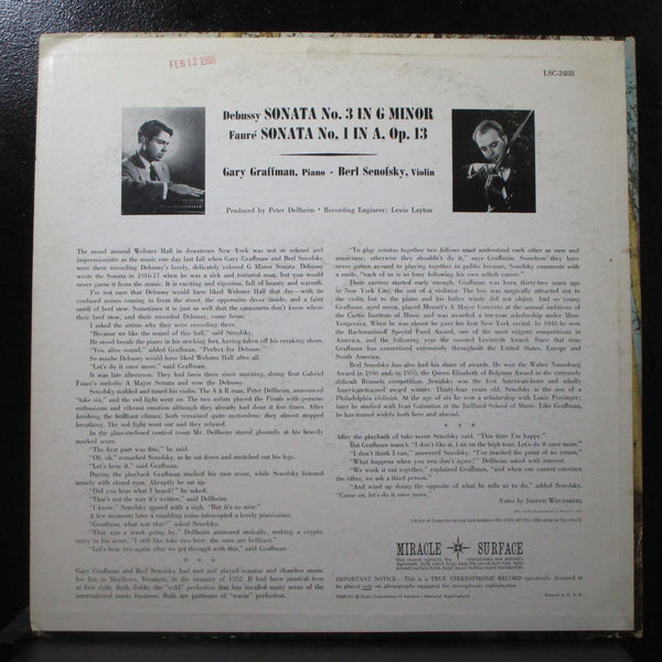 Graffman, Senofsky - Debussy & Faure Sonatas VG+ Stereo LP RCA LSC-2488 USA - Shuga Records