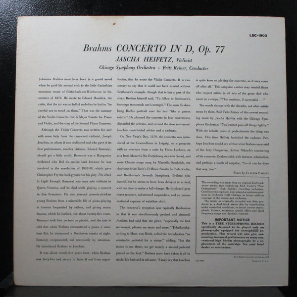 Heifetz - Brahms: Violin Concerto Mint- Stereo LP RCA LSC-1903 USA 1959 - Shuga Records