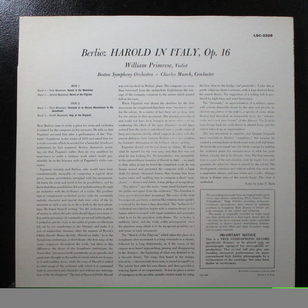 Primrose - Berlioz: Harold In Italy VG+ Stereo LP RCA LSC-2228 USA 1958 - Shuga Records