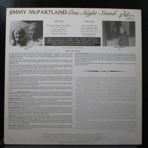 Jimmy McPartland - One Night Stand Mint- signed LP Jazzology J-137 USA 1986 - Shuga Records