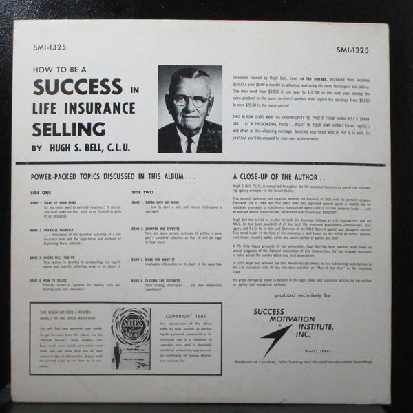 Hugh Bell - How To Be A Success In Life Insurance Selling Mint- LP SMI-1325 USA - Shuga Records