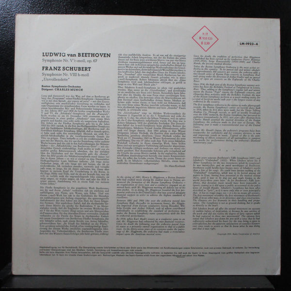 Munch - Beethoven: Symphony No. 5 / Schubert: Unfinished LP VG+ Mono LM-1923 - Shuga Records