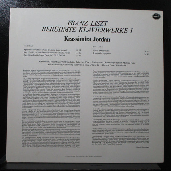 Jordan - Liszt: Berhmte Klavierwerke I LP Mint- Gramola 120 695 Austria - Shuga Records