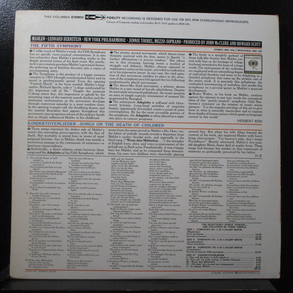 Bernstein - Mahler: Symphony No. 5 / Kindertotenlieder 2 LP Mint- M2 S698 USA - Shuga Records
