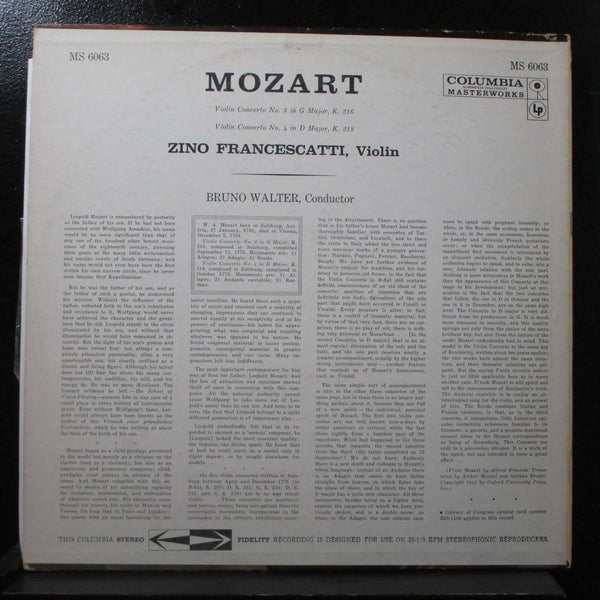 Francescatti - Mozart: Violin Concerto No. 3 / 4 LP Mint- Columbia MS 6063 USA - Shuga Records