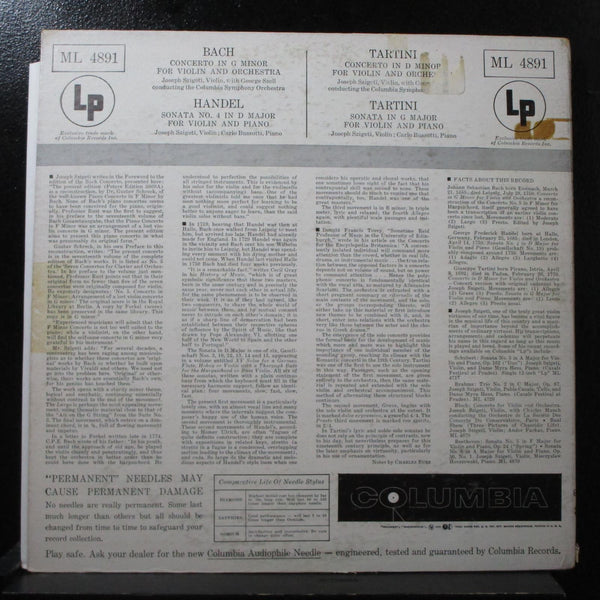 Szigeti - Bach / Handel / Tartini LP VG Mono Columbia ML 4891 USA 1954 blue - Shuga Records