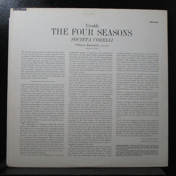 Societa Corelli - Vivaldi: The Four Seasons LP VG+ RCA LSC-2424 USA 1960 - Shuga Records