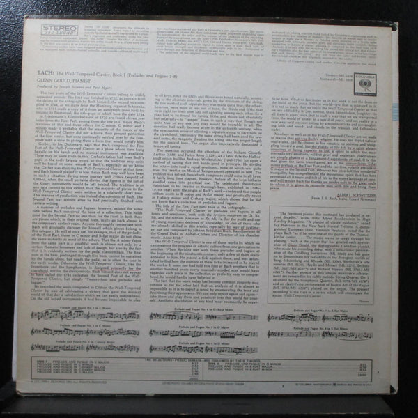 Gould - Bach: Well-Tempered Clavier Book 1, 1-8 LP VG+ Columbia MS 6408 USA - Shuga Records