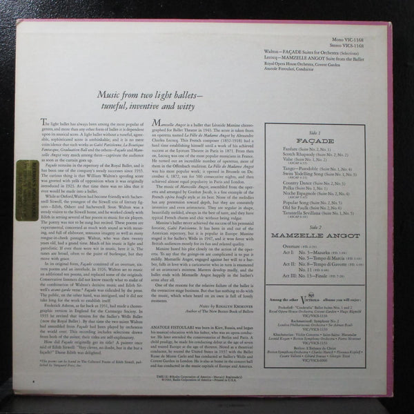 Fistoulari - Walton: Faade / Lecocq: Mamzelle Angot LP VG+ RCA VICS 1168 USA - Shuga Records