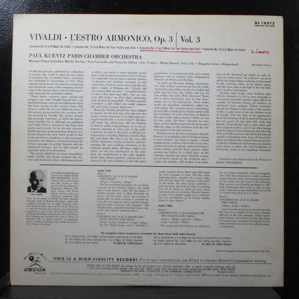 Kuentz - Vivaldi: L'Estro Armonico Vol. 3 LP VG+ Mono Decca DL 10072 pink promo - Shuga Records