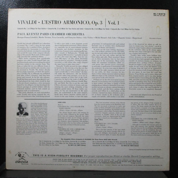 Kuentz - Vivaldi: L'Estro Armonico Vol. 1 LP VG+ Mono Decca DL 10070 pink promo - Shuga Records