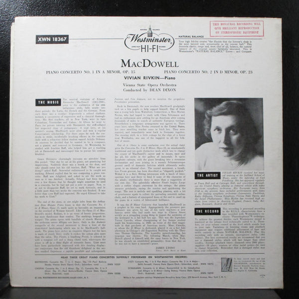 Rivkin - MacDowell: Piano Concertos Nos. 1 & 2 LP Mint- Mono XWN 18367 USA - Shuga Records