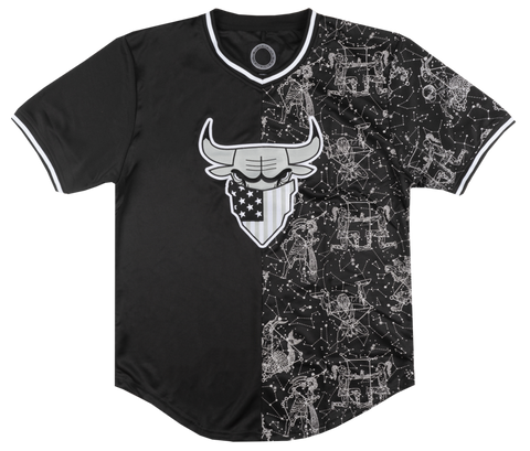 Maximilian - Men's Baseball Style Chicago Bulls Embroidered Pull Over Black & White 'Constellation' Jersey