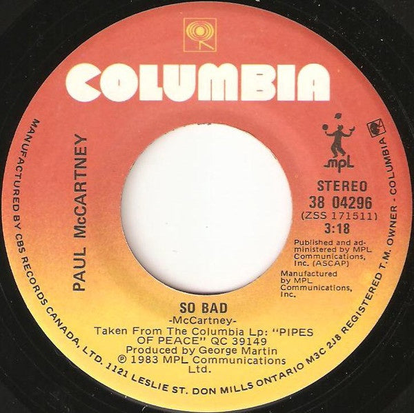 Paul McCartney ‎– So Bad / Pipes Of Peace - VG+ 45rpm 1983 USA - Rock / Pop - Shuga Records