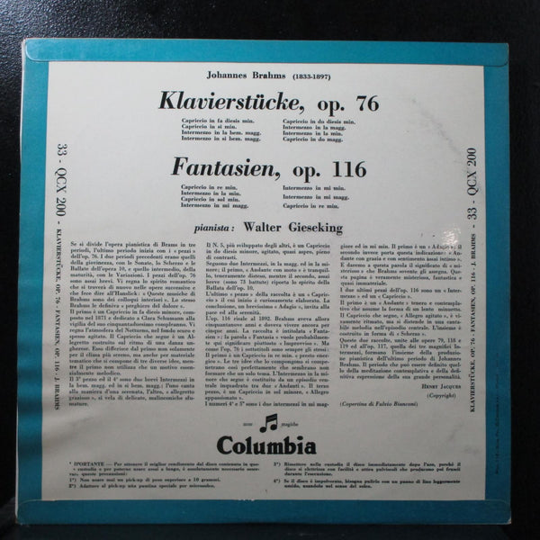 Gieseking - Brahms: Klavierstcke Op. 76 LP VG Mono Columbia 33 QCX 200 Italy - Shuga Records
