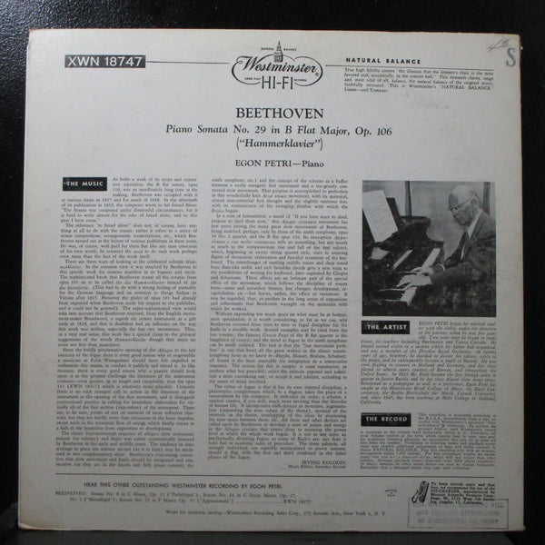 Petri - Beethoven: Hammerklavier Sonata LP VG+ Mono 1st Westminster XWN 18747 - Shuga Records