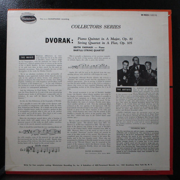 Farnadi - Dvorak: Quintet In A Major, Op. 81 LP VG+ Mono Westminster W-9025 - Shuga Records