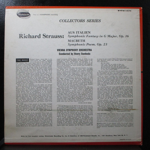 Swoboda - Strauss: Aus Italien / Macbeth LP VG+ Mono Westminster W-9710 USA - Shuga Records