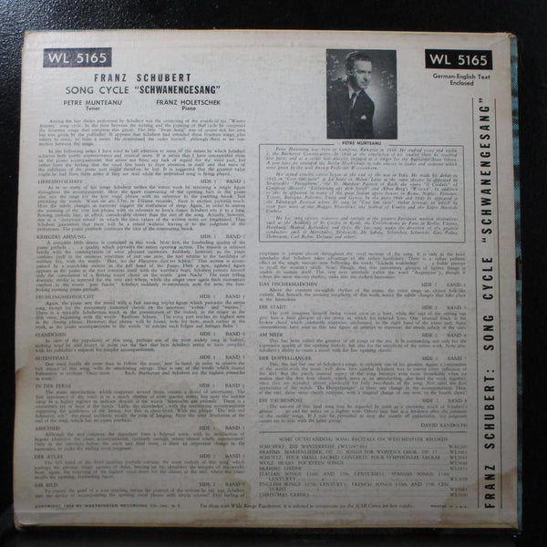 Munteanu - Schubert: Schwanengesang LP VG+ Mono Westminster WL 5165 USA - Shuga Records