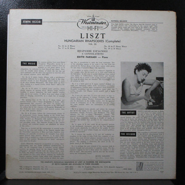 Farnadi - Liszt: Hungarian Rhapsodies LP VG+ Mono Westminster XWN 18338 USA 1956 - Shuga Records