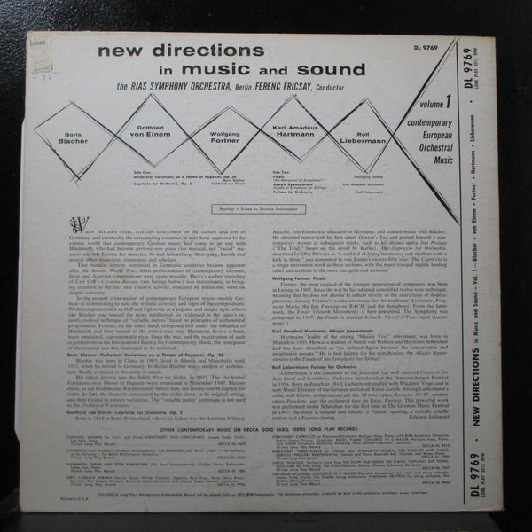 Fricsay - New Directions in Music and Sound Vol. 1 LP VG+ Decca DL 9769 USA 1955 - Shuga Records