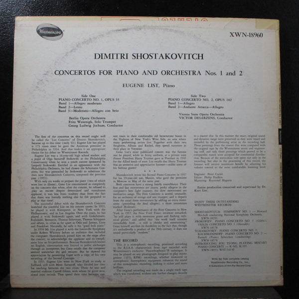 Eugene List - Shostakovitch: Piano Concerto No.1 & 2 VG+ LP Mono XWN 18960 - Shuga Records