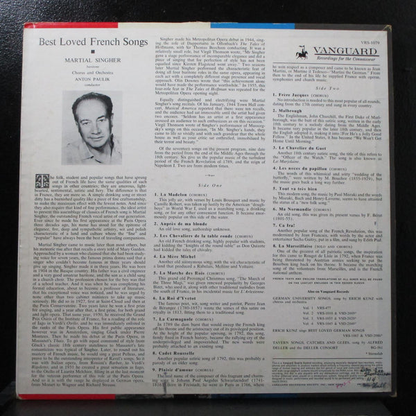 Martial Singher - Best Loved French Songs LP VG Mono Vanguard VRS 1079 USA - Shuga Records