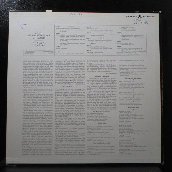 The Krainis Consort - Music In Shakespeare's England LP VG+ Mercury SR90397 USA - Shuga Records