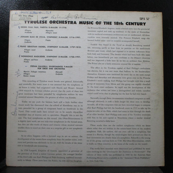 Tyrolese Orchestra - Music of the 18th Century LP VG+ Mono SPA-52 USA - Shuga Records