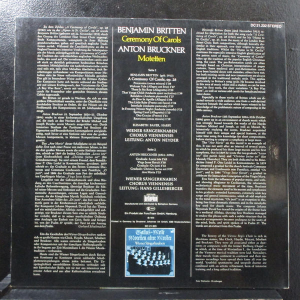 Vienna Boys Choir - Britten: Ceremony Of Carols LP VG+ Acanta DC 21.232 Germany - Shuga Records