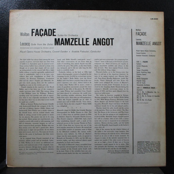 Fistoulari - Walton: Faade / Lecocq: Mamzelle Angot LP Mint- Mono RCA LM 2285 - Shuga Records