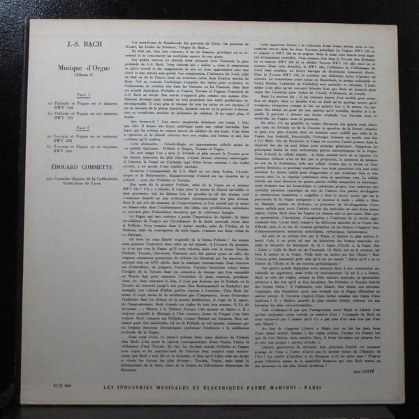 Commette - Bach: Aux Grandes Orgues LP VG+ Mono Columbia FCX 909 France - Shuga Records