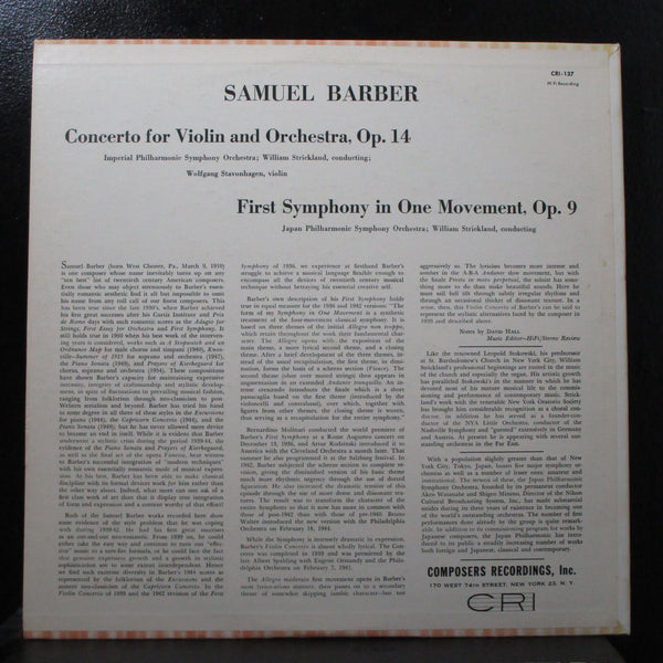Stavonhagen - Barber: Concerto for Violin & Orchestra LP VG+ CRI 137 USA - Shuga Records