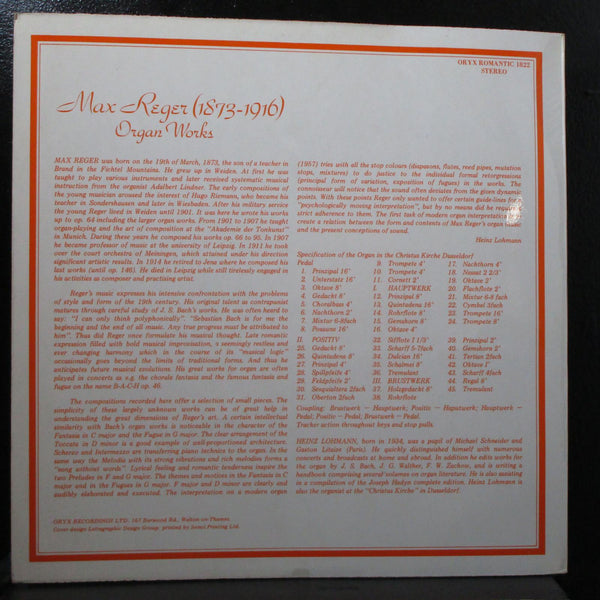 Lohmann - Max Reger: Organ Works LP Mint- ORYX 1822 UK - Shuga Records