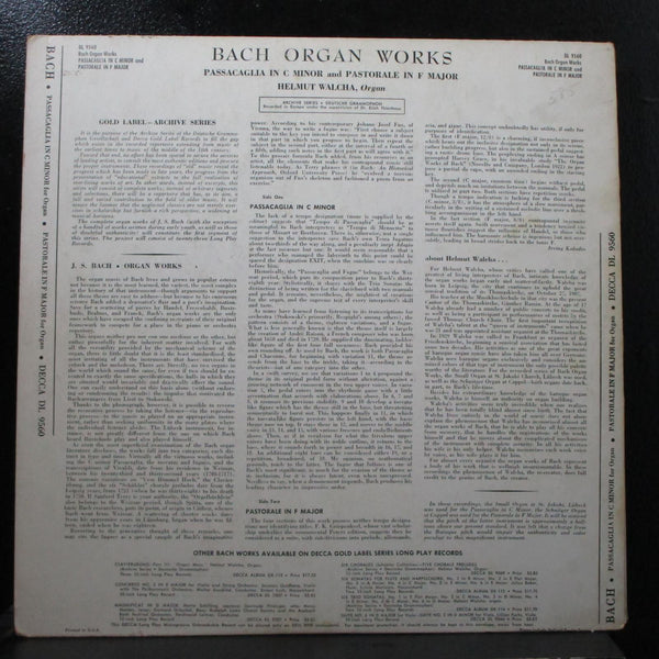 Walcha - Bach Organ Works LP VG+ Mono Decca DL 9560 USA 1951 - Shuga Records