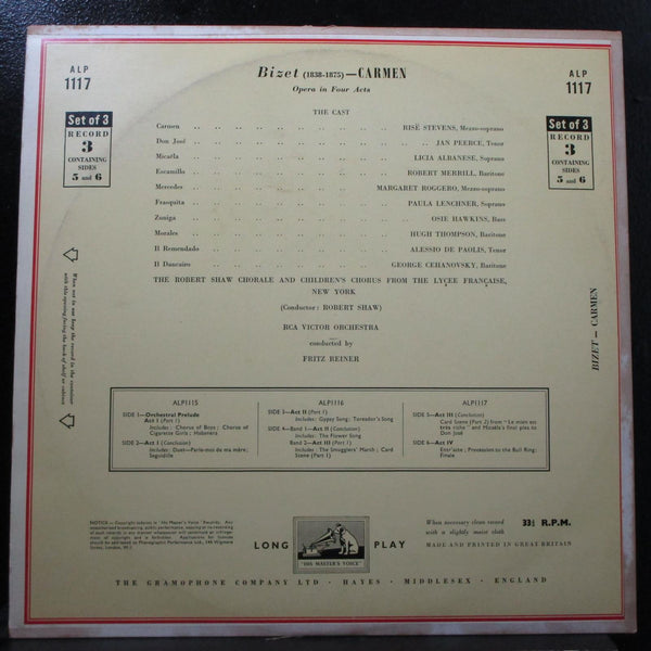 Reiner - Bizet: Carmen (French) 3 LP VG+ Mono His Master's Voice ALP 1115 UK - Shuga Records