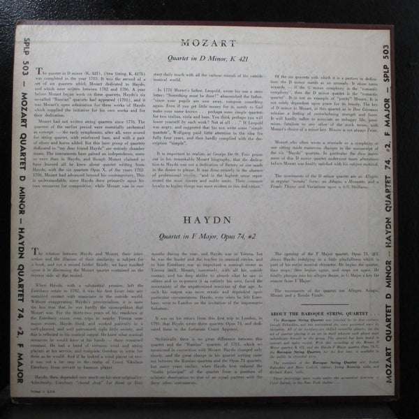 Baroque String Quartet - Mozart: String Quartet K421 LP VG Mono Period SPLP 503 - Shuga Records