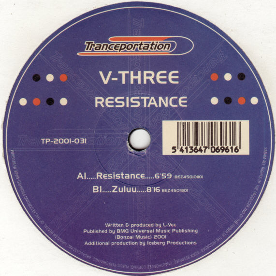 V-Three ‎– Resistance - Mint 12" Single (Belgium Import) 2001 - Trance