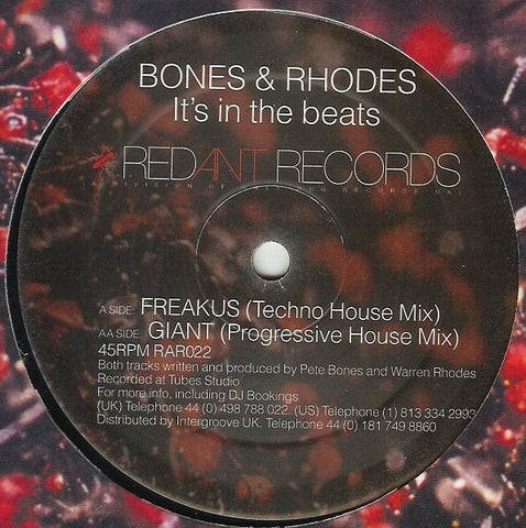 Bones & Rhodes - It's In The Beats - VG+ 12" Single 2000 Red Ant UK Import - Progressive House