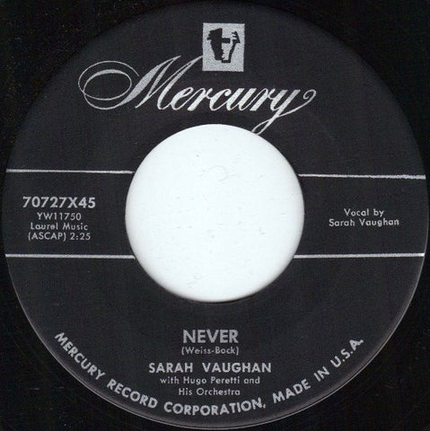Sarah Vaughan ‎- Never / C'Est La Vie - VG+ 7" Single 45 RPM 1955 USA - Jazz / Pop