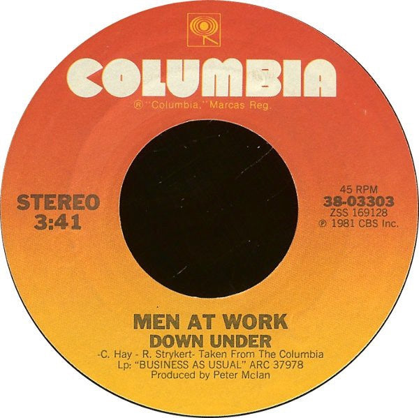Men At Work ‎– Down Under / Crazy - Mint- 45rpm 1982 USA - Electronic / Synth-Pop / New Wave - Shuga Records
