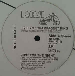 Evelyn "Champagne" King- Just For The Night- VG+ 12" Single White Label Promo- 1984 RCA Victor USA- Electronic/Funk/Soul/Disco