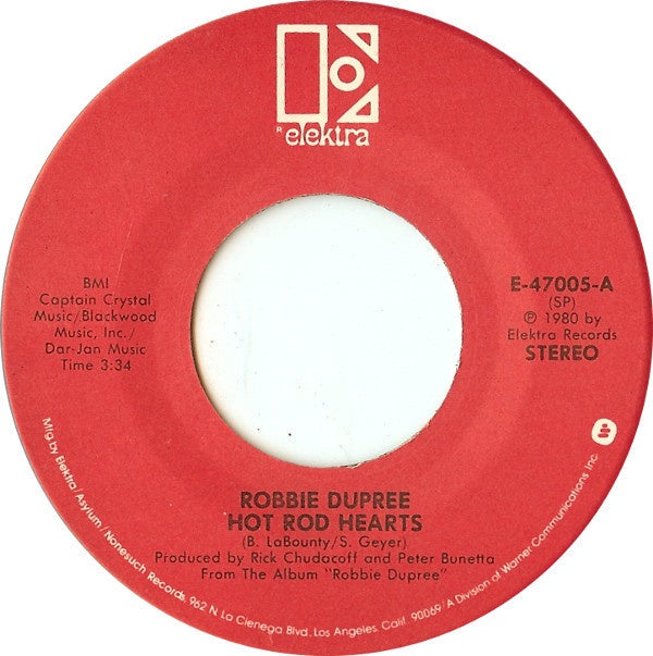 Robbie Dupree ‎– Hot Rod Hearts / Love Is A Mystery - Mint- 45rpm 1980 USA Elektra Records - Rock - Shuga Records