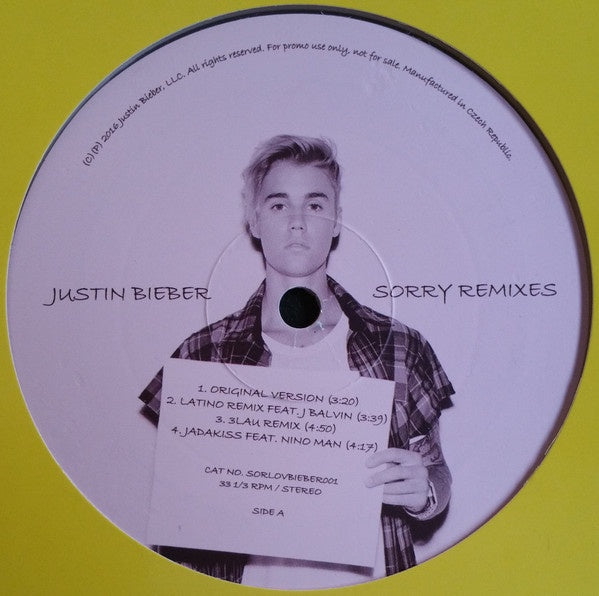 Justin Bieber ‎– Sorry / Love Yourself - Remixes - New EP Record 2015 Europe Import Clear Vinyl - Pop / Electronic / Electro House - Shuga Records