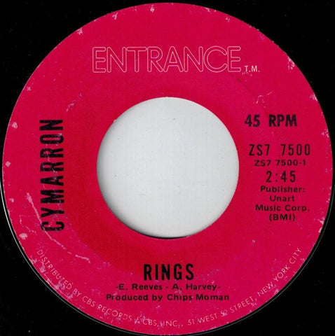 Cymarron ‎– Rings / Like Children - VG+ 7" Single Used 45rpm 1971 Entrance USA - Soft Rock
